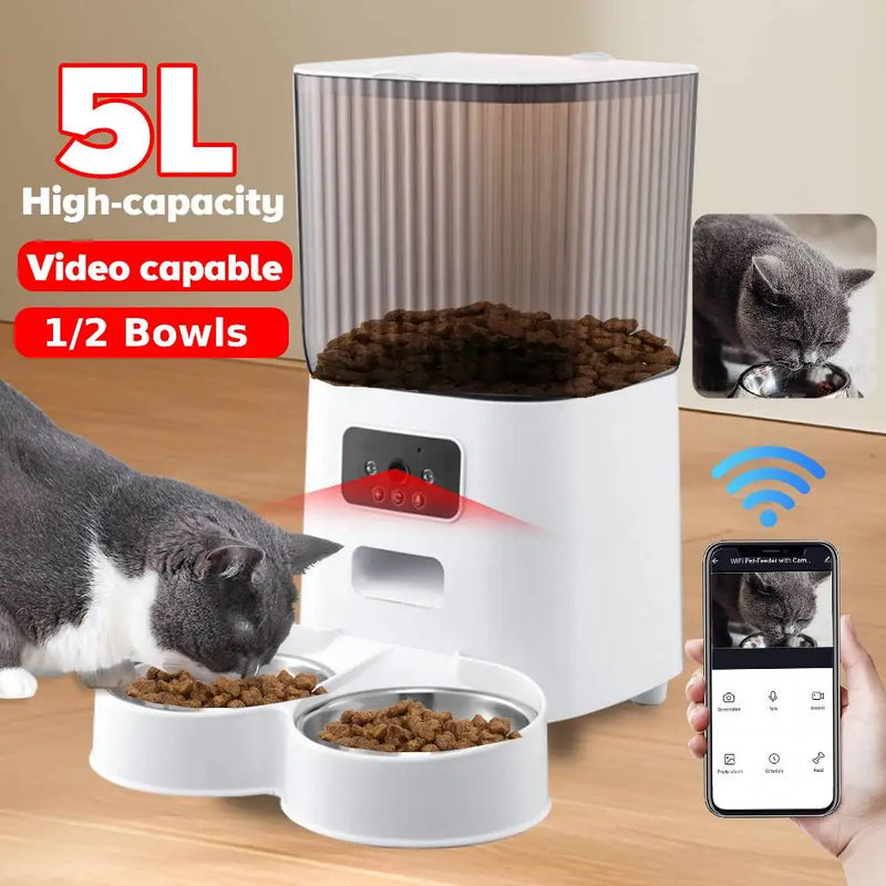 Alimentador automático para gatos, 5l, wi-fi, com câmera hd, inteligente, interativo, dispensador de comida para animais de estimação, temporizador, tigela de aço inoxidável, alimentador automático para cães