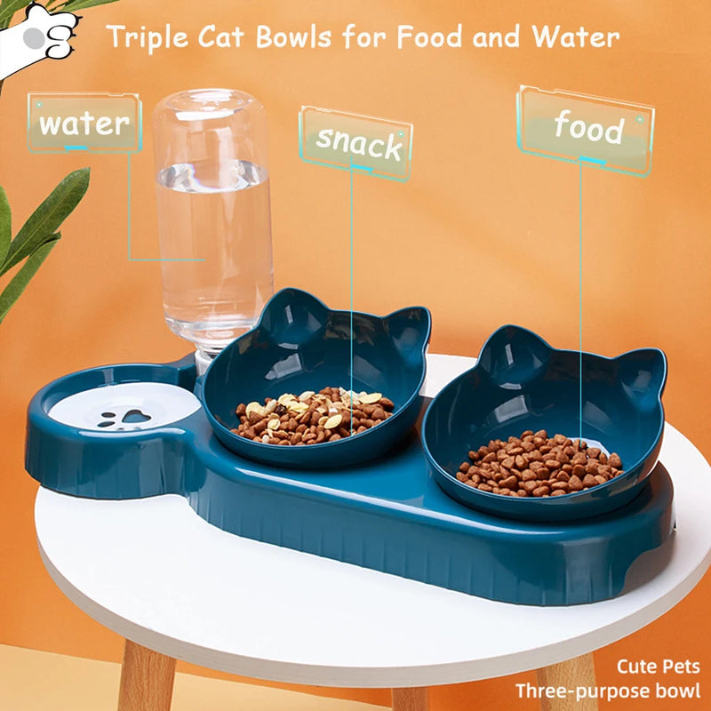 Comedouro Triplo para Gatos, Tigelas Duplas 2 em 1 com Bebedouro Automático, Design Inclinado e Rotativo para Gatos e Cães